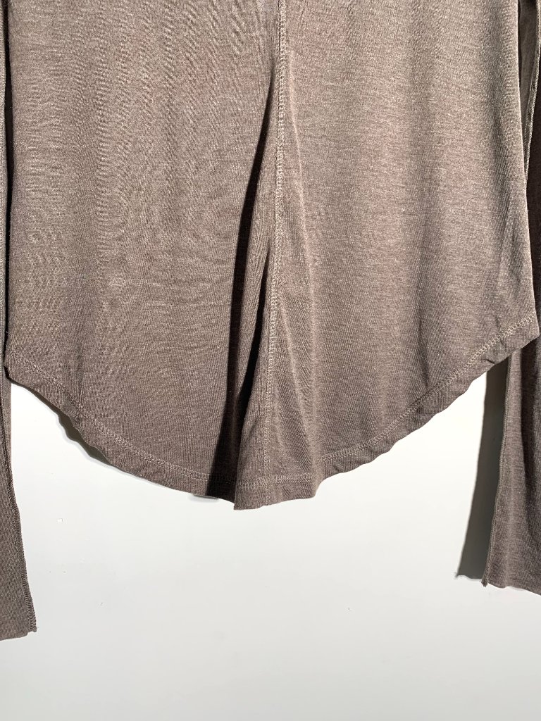 Aakasha Brown Turtleneck Top Asymmetric Tulip Hem Raw Edge Dystopian Nwot M — image 6 of 8